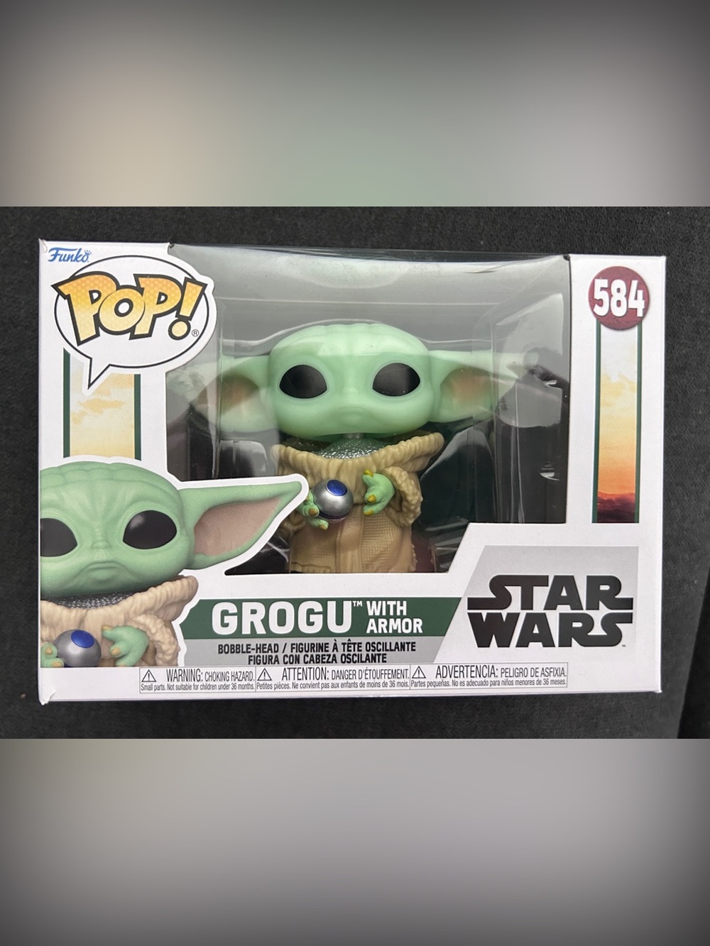 Funko Pop! Grogu Figure with Armor – Green and Tan Box Art